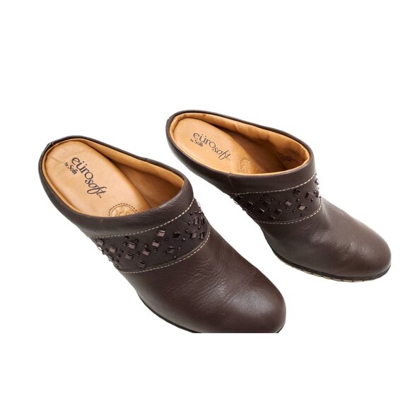 Eurosoft by Sofft Women's Brown Studded Leather Mules / Clogs, 3.5" Heel - Picture 2 of 6